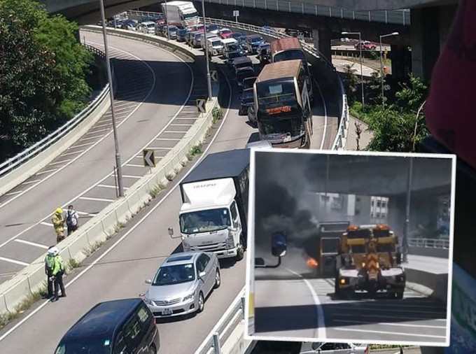 城门隧道中午有泥头车起火，现场交通一度挤塞。网民图片