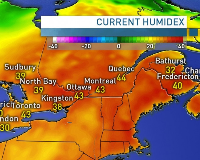 受熱浪影響的包括魁北克省南部、安大略省和大西洋地區。網圖
