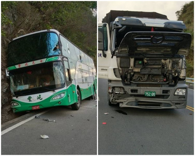 游览车导游、货车司机与乘客被碎玻璃割伤，29名旅客安全。网图