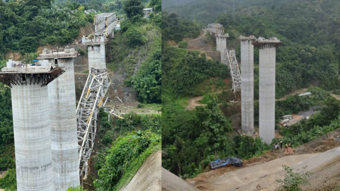 印度東北部米左拉姆省（Mizoram）一坐興建中的橋樑發生坍塌事故。（圖：X@Dr. Hari Babu Kambhampati）