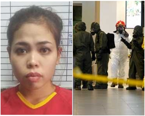 检测进行期间，出境大厅的大片区域被警方用胶带围起来。左为印尼籍女疑犯艾莎。