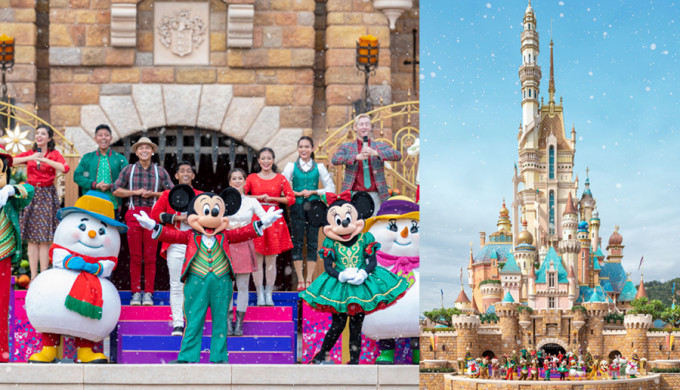 香港迪士尼樂園聖誕活動「米奇與好友聖誕舞會」，在全新「奇妙夢想城堡」前，以優美聖誕旋律、曼妙歌聲、活力舞姿掀動全場歡樂氣氛。