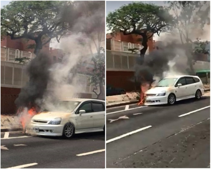 私家車突然自焚車頭冒煙著火。圖：網民Taitai Mo‎