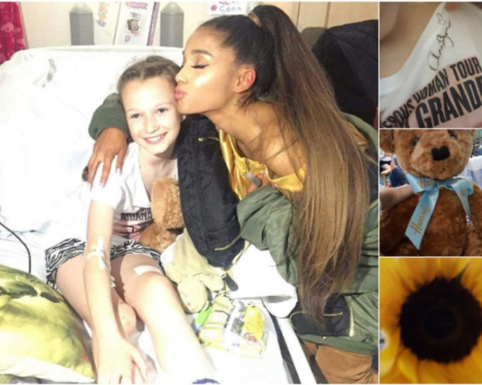  Ariana Grande 与躺在病床上的小粉丝拥抱和锡锡。图:twitter