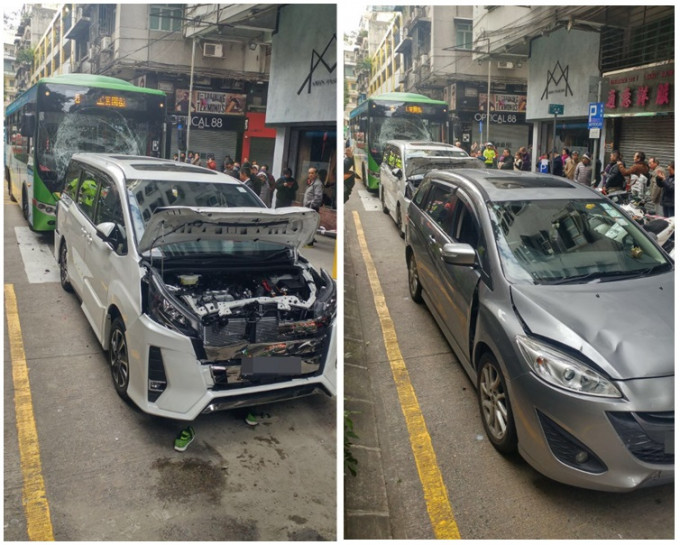 巴士先撞向私家車，再撞向前面3車。