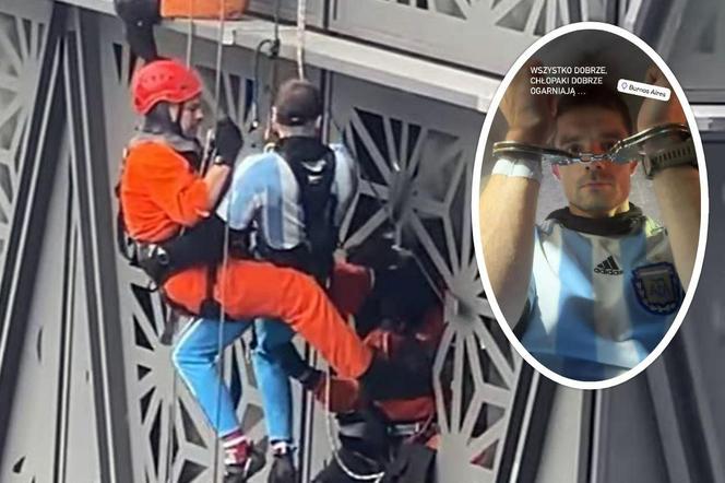 波兰蜘蛛人徒手挑战布宜诺斯艾利斯高楼，遭消防员垂降阻止。网上图片