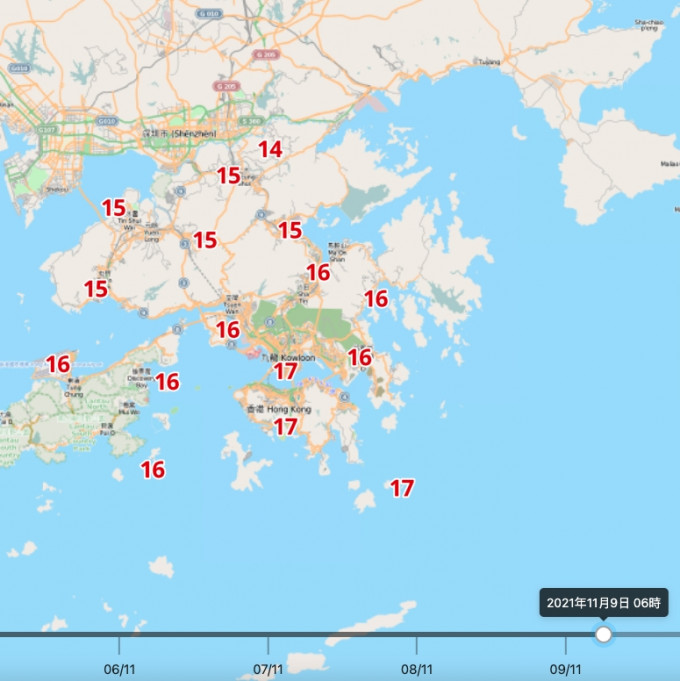 下星期二早上6時，打鼓嶺跌至14度，流浮山、上水、石崗、屯門、大埔的氣溫僅15度。天文台