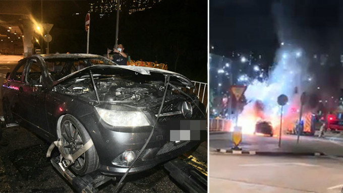 一架平治私家车在荃景围体育馆对开起火冒烟，其中更传出爆炸声。