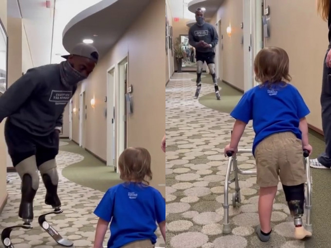 美两岁男童首次用义肢走路，获金牌残奥运动员鼓励同行。(网图)