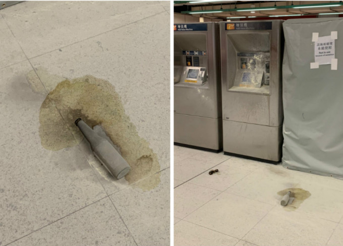 荃灣站大堂遭汽油彈攻擊，波及部分站內設備。港鐵提供