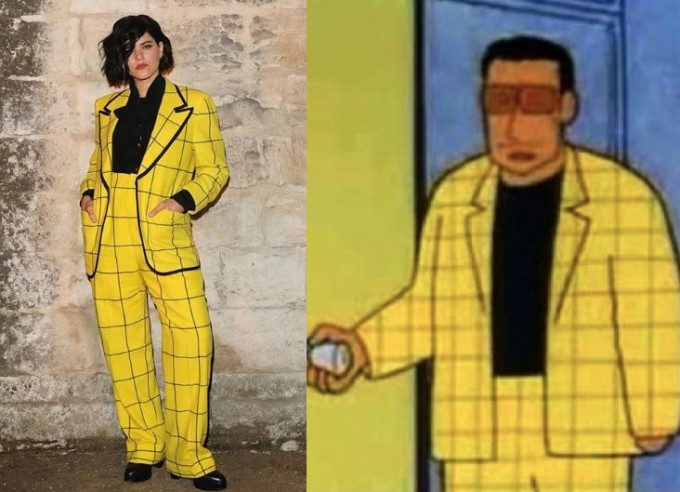 有網民發現，Gucci今年春夏季的一款黃色格仔西裝，與小新的校長竟然一樣。