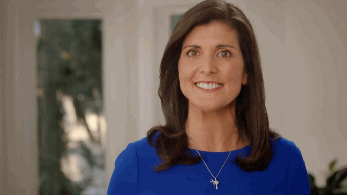 美國前聯合國大使黑莉（Nikki Haley）宣布參選總統的影片截圖。