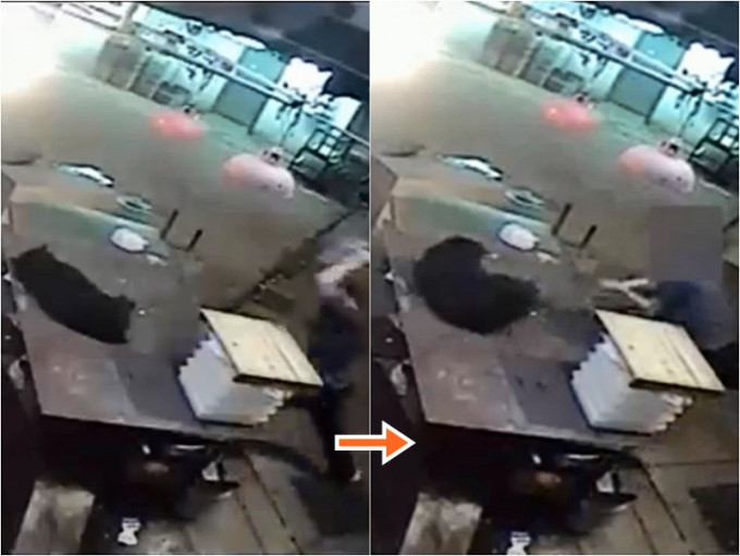 店鋪天眼拍攝到唐狗被打經過。  香港動物報FB片段截圖
