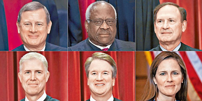 最高法院六名保守派法官，（下排左至右）戈薩奇、卡瓦諾、巴雷特由特朗普任命。