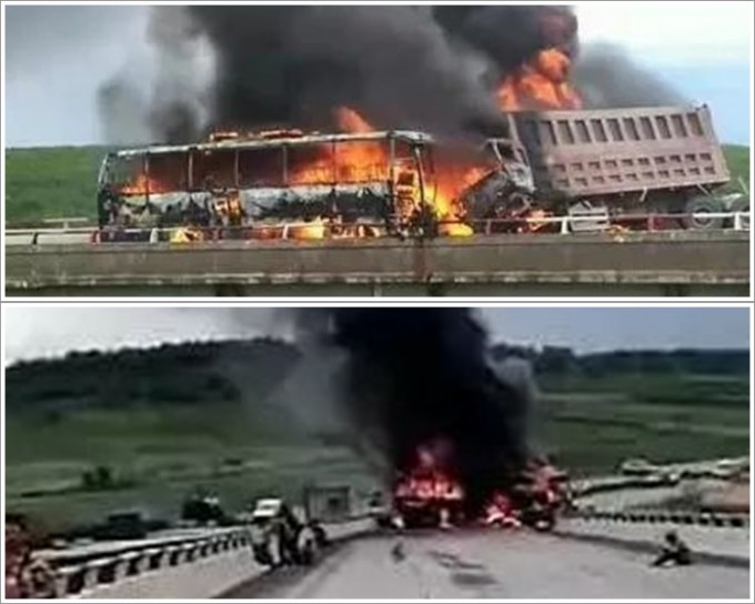 旅游巴士与两辆货车相撞后起火。网图