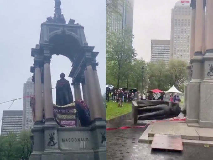 加拿大首任總理麥克唐納的雕像被拉倒毀壞。網圖