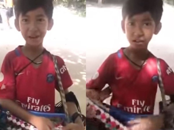 柬埔寨男孩精通多国语言，为卖纪念品广东话都识。影片截图