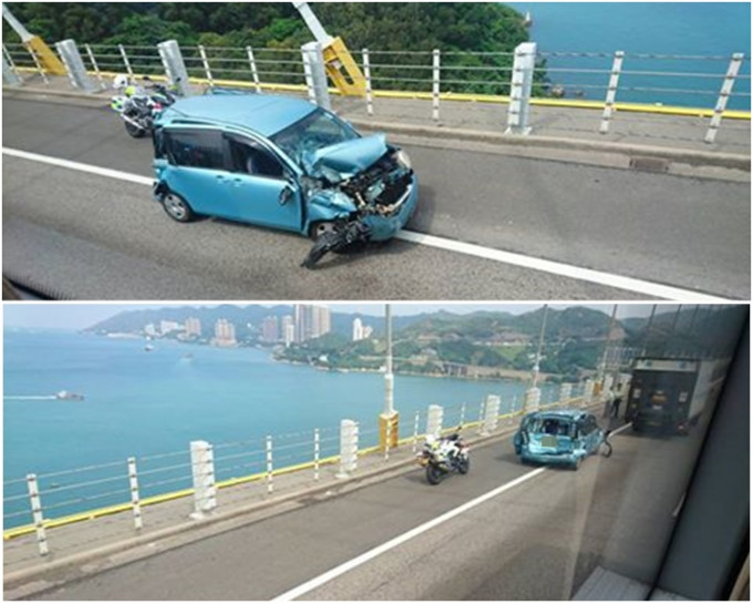 私家車車頭損毀嚴重。香港交通突發報料區圖片
