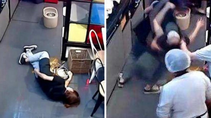 四川成都一餐厅女职员不慎滑倒，男同事协助时一再滑倒。网上图片