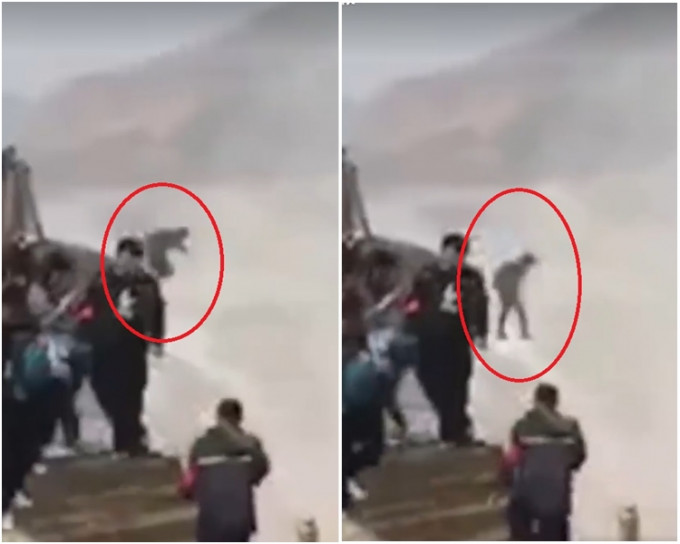 一名湖北籍年輕男遊客昨在陝西宜川壺口瀑布風景區，突然跨過安全防護欄跳下瀑布中。(影片截圖)