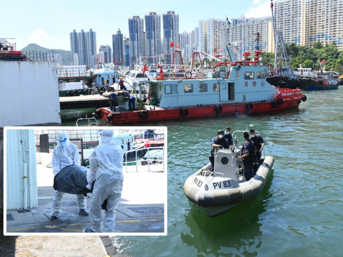 消防接報到場將屍體撈起移送到香港仔海事處碼頭。楊偉亨攝