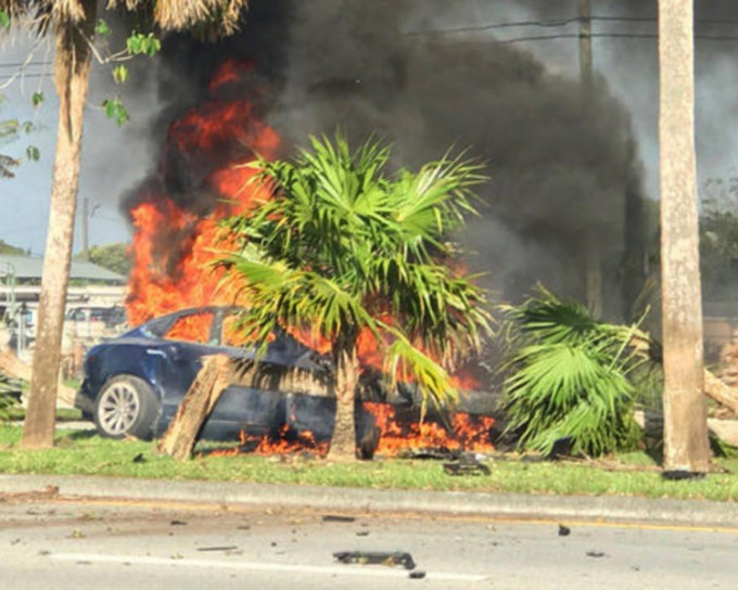 美國佛州發生Tesla電動車失控意外，車身撞上路邊大樹後起火，司機被困車內身亡。網圖