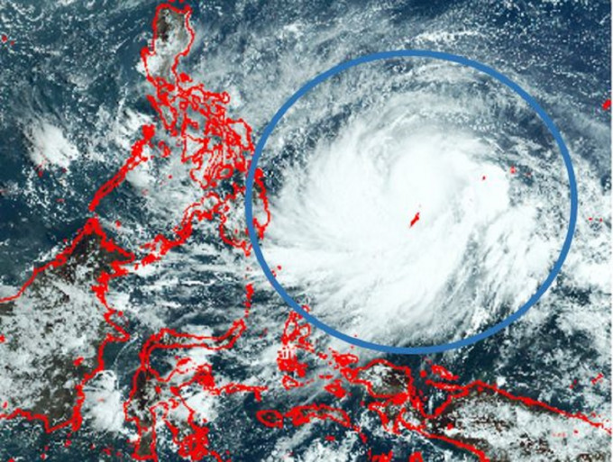 4月16日上午8時的向日葵8號真彩衛星圖像。位於西北太平洋的「舒力基」（藍圈內）已增強成颱風。天文台