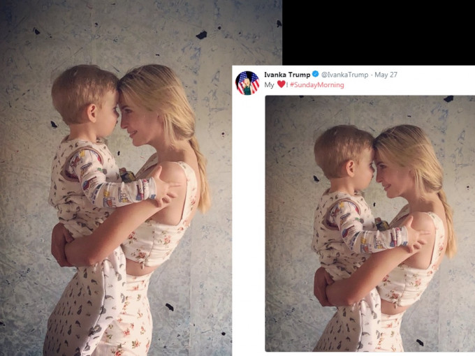 伊萬卡在Twitter自己抱着兩歲寶貝仔的照片，分享溫馨時刻，卻惹來大批網民炮轟。