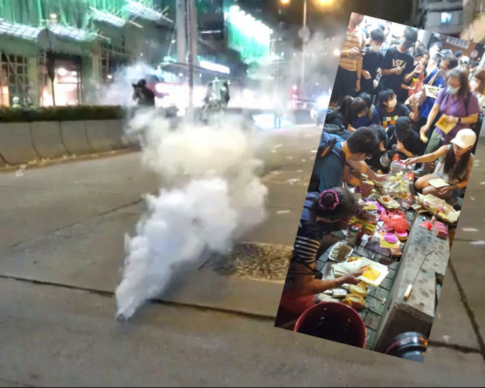警方在深水埗發射催淚彈驅散示威者。小圖：盂蘭節當晚，有示威者在深水埗警署對開燒街衣。資料圖片