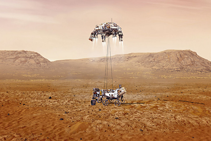 绘图显示「毅力号」探测器着陆火星，分离出直升机。
