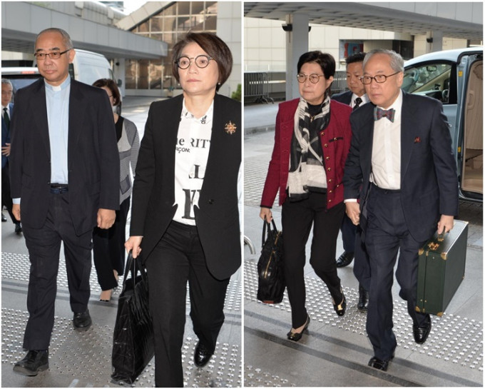 胞妹曾璟璇（左二）與天主教香港教區副主教陳志明神父（左一）到庭。