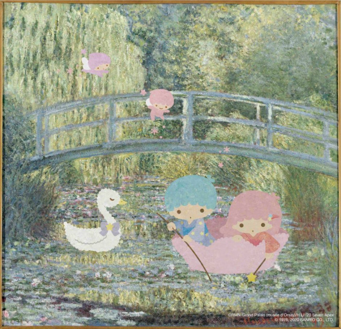 Little Twin Stars在畫中穿上日式傳統浴衣，悠遊自在地泛舟於莫內筆下的花園中，充滿睡蓮的湖上。（新港城中心）