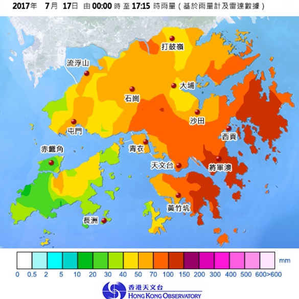 本港东部最大雨。