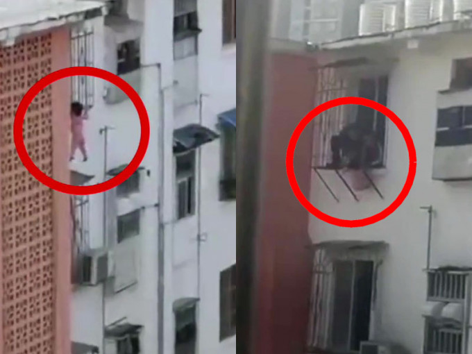 广西南宁葛村路某屋苑内一个单位内，一名家住5楼被独留家中的女童掉入了窗台防盗栏，身悬半空，幸邻居发现破门救出。(网图)