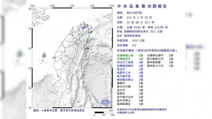 台湾东部海域5级地震。