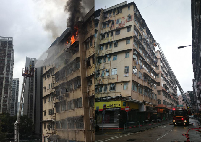 現場火勢猛烈。左：香港突發事故報料區