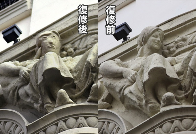 雕像修复后(左)与复修前(右)颇大出入。AP图片