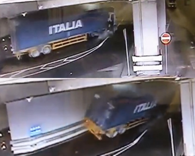 貨櫃車疑高速入彎翻側。影片截圖
