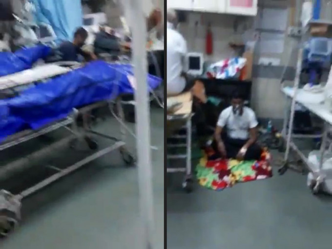 在印度某间医院，新冠患者遗体放在病人邻床，有人要在地上休息。(网图)
