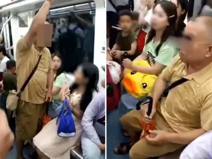 湖南一名老翁搭地铁时，因找不到座位，便强迫女子将让座给自己。　影片截图