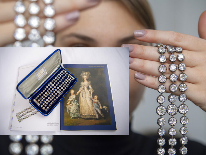 瑪麗皇后兩條具200年歷史的鑽石手鏈以超過6,300萬港元成交。 （美聯社）