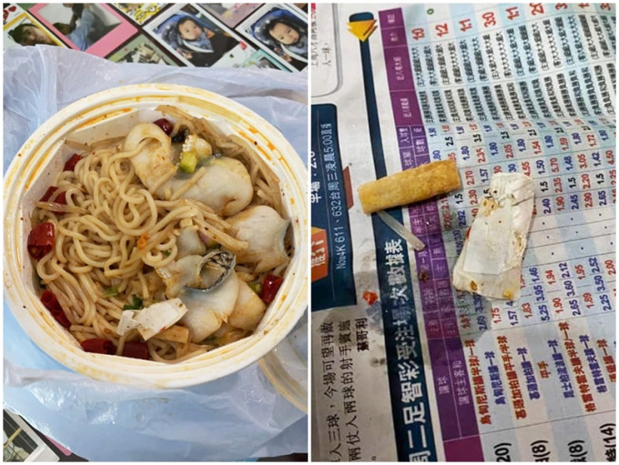 近日有網民外賣米線回家，打開食到一半後竟發現裡面有煙頭。「中伏飲食報料區」Facebook圖片