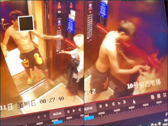 电梯的闭路电视影片可见男子突冲入电梯内拖暴，抓起女方的头发猛撞向电梯。影片截图
