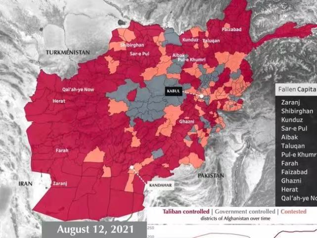 2021年8月12日，塔利班控制的红色区域大幅超过政府军控制的桃红色区域。