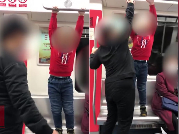 男童地铁上踩著座椅攀爬扶手，家长不阻止反为帮忙。(网图)