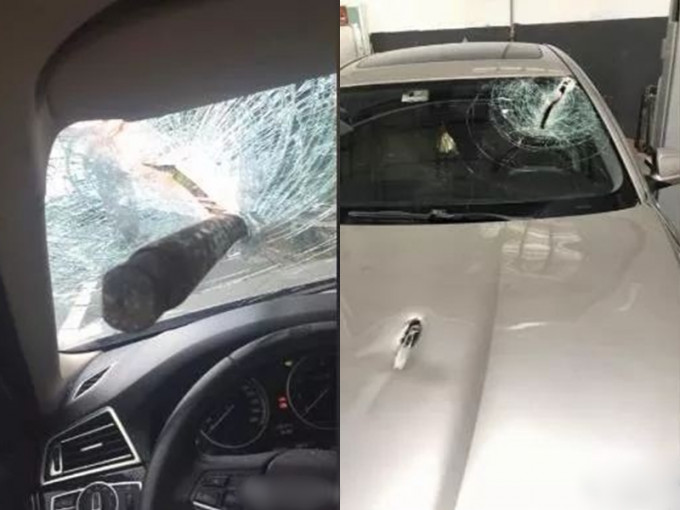 鐵棒直插入車前擋風玻璃，玻璃更破裂成「蛛網狀」。　網上圖片