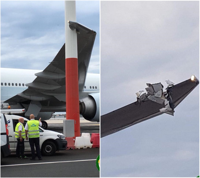 国泰航空客机撞到灯柱。网上图片