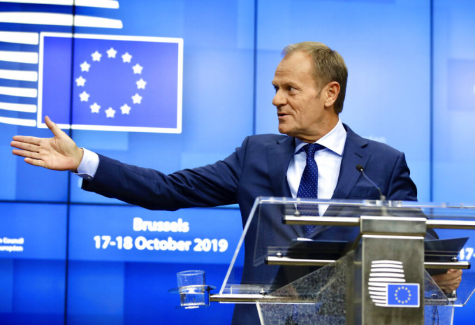 欧洲理事会主席图斯克在宣布，欧盟同意英国要求，押后脱欧期限。AP