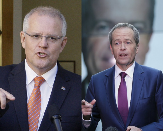 澳洲總理莫理森(左)、反對黨工黨領袖肖頓(右)。AP