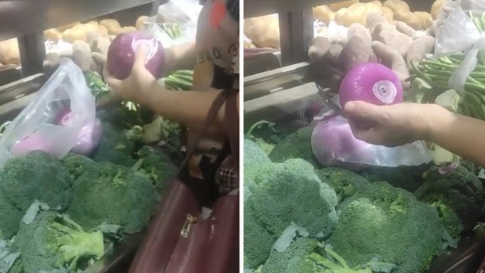 内地网上流传影片，指一名妇人在超市当场蔬菜剥皮处理，引发讨论。网上影片截图